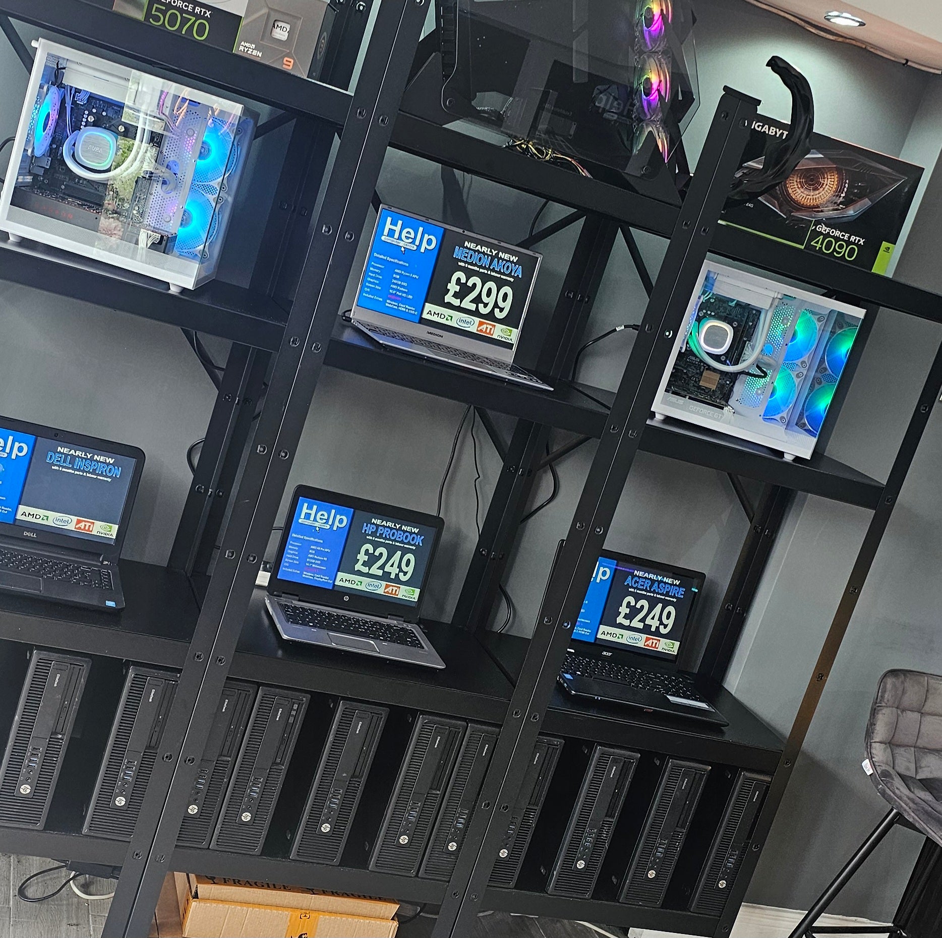 Laptops and desktop computers on display at Help Computer Centre